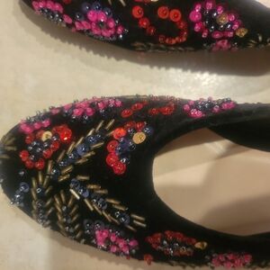 Loeffler Randall Black Velvet Flats with Pink, Red, Blue and Gold Beading